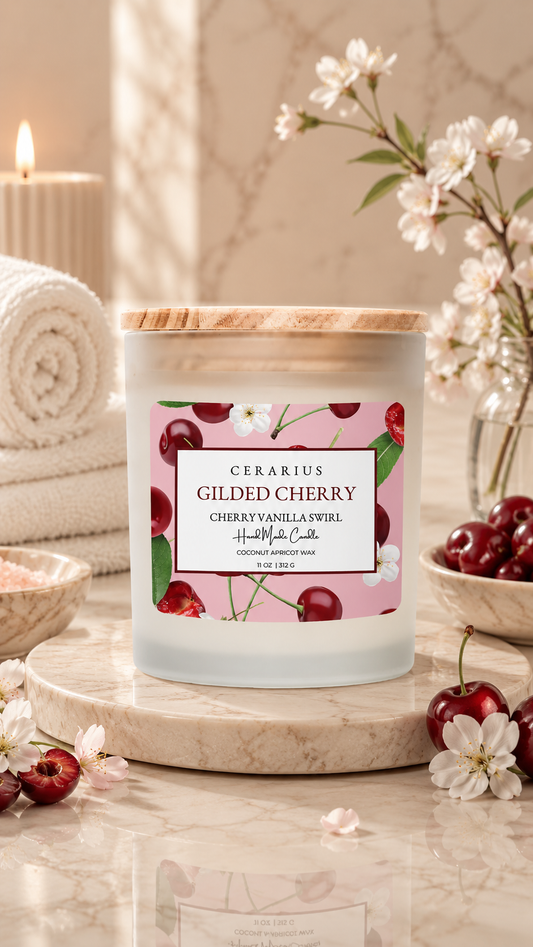 Gilded Cherry Vanilla Swirl Candle | Coconut Apricot Wax | Cerarius