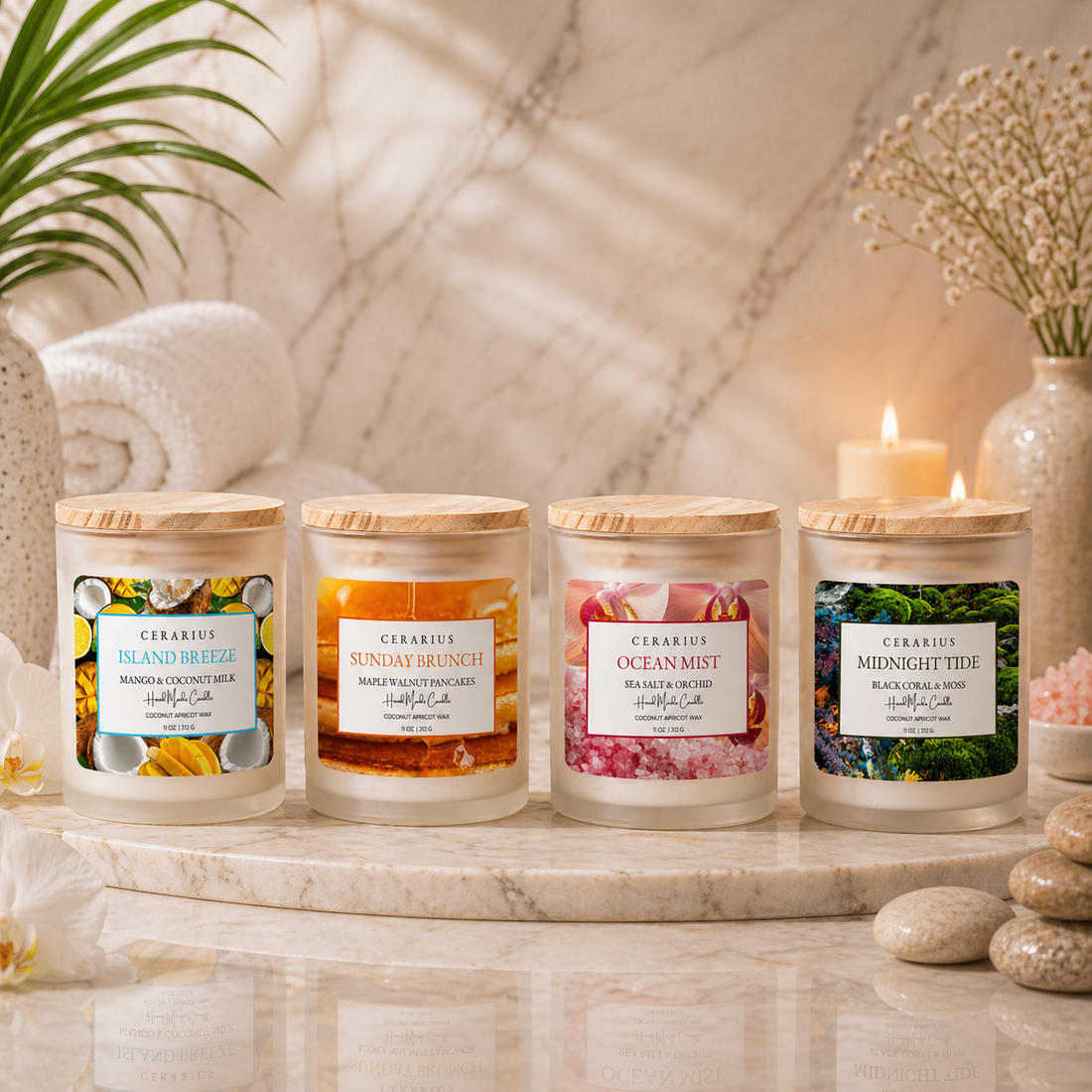 Hand-poured coconut apricot wax candle burning cleanly in a frosted glass vessel — CERARIUS luxury candles