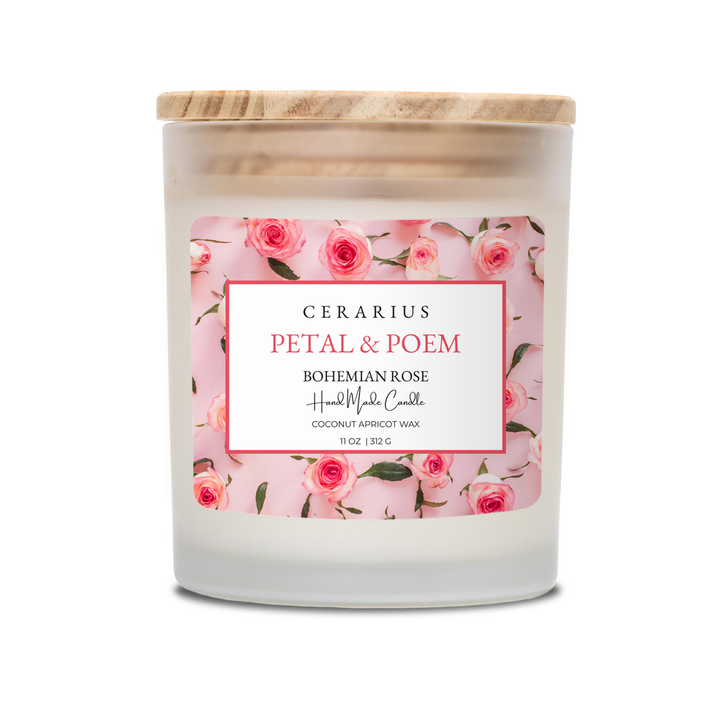 Candle with floral label and wooden lid on a white background
