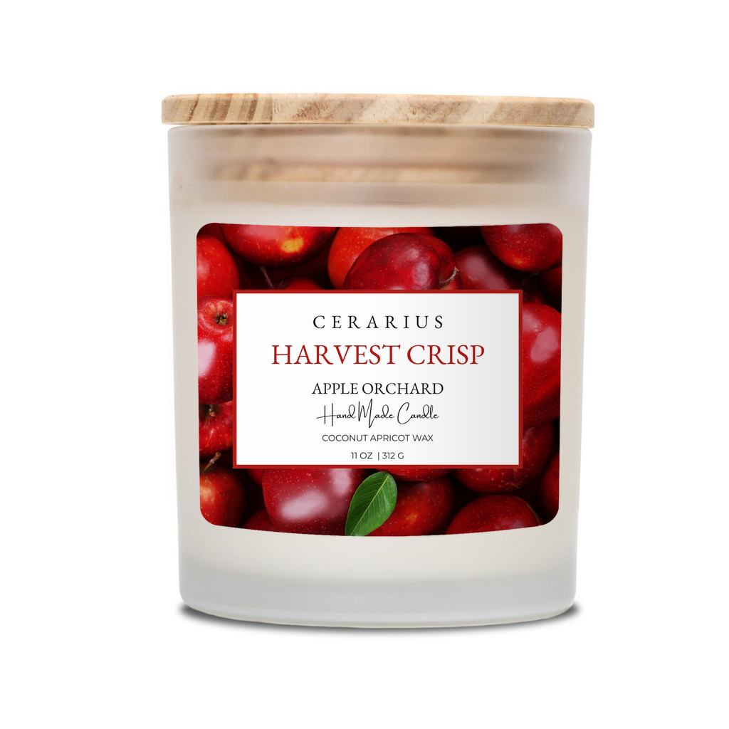 Candle with a label featuring apples and 'Cerarius Harvest Crisp' text on a white background
