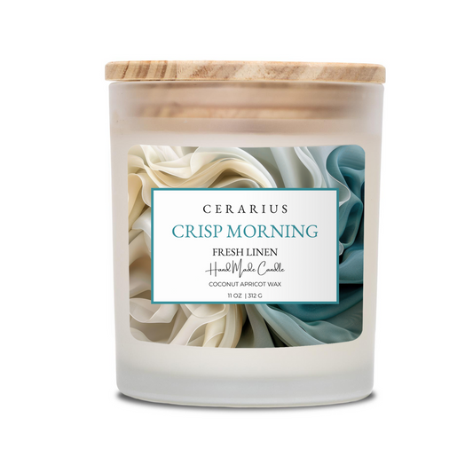 Candle with a wooden lid and 'Cerarius Crisp Morning' label on a white background