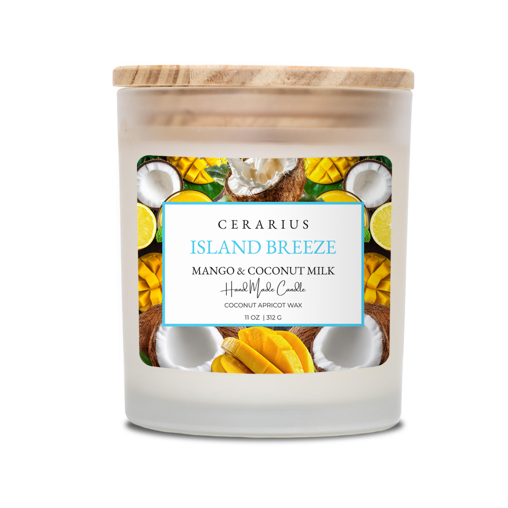 Candle with a wooden lid and 'Ceriarius Island Breeze' label on a white background