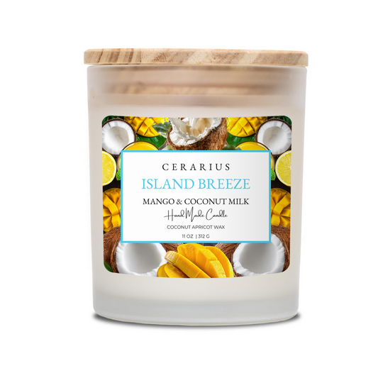 Candle with a wooden lid and 'Ceriarius Island Breeze' label on a white background