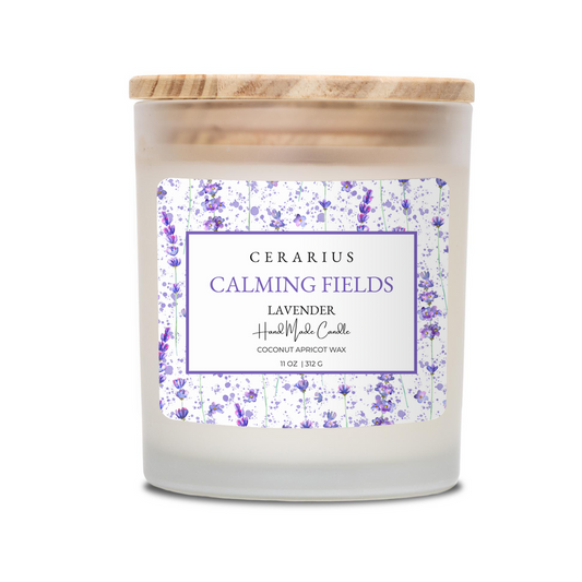 Cerarius calming fields lavender candle with a wooden lid on a white background