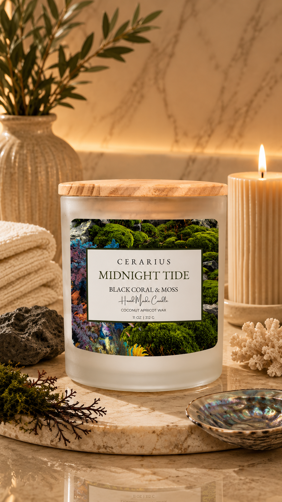 Midnight Tide Black Coral Moss Candle | Coconut Apricot Wax | Cerarius