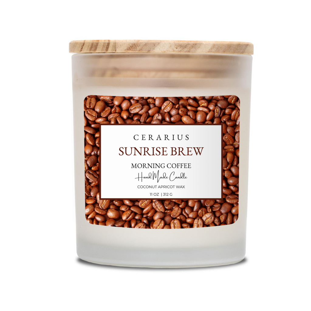 Candle with coffee beans and a wooden lid on a white background