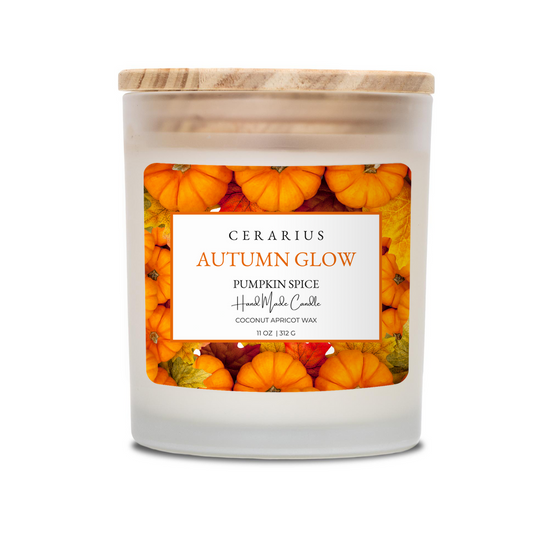 A Pumpkin Spice Coconut Apricot Candle in a glass jar with wooden lid on a beige surface