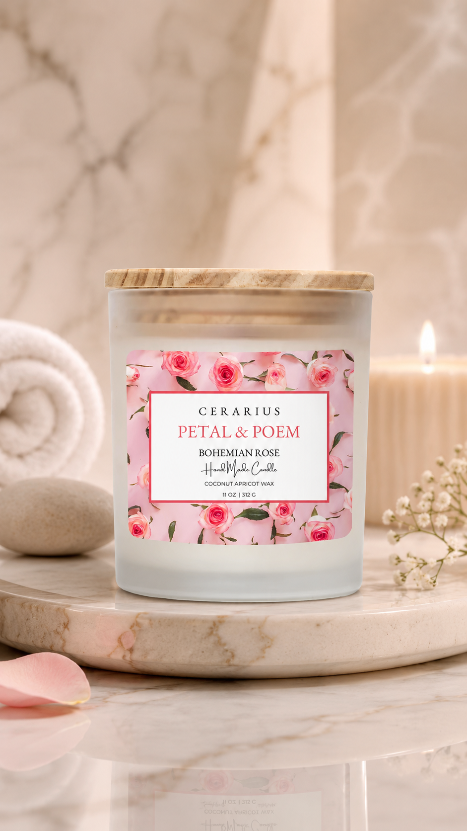 Petal & Poem Bohemian Rose Candle | Coconut Apricot Wax | Cerarius