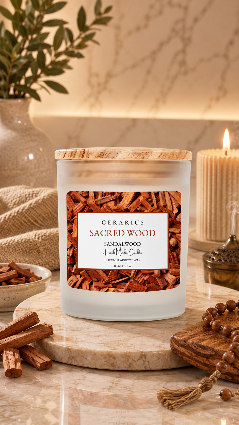 Sacred Wood Sandalwood Candle | Coconut Apricot Wax | Cerarius