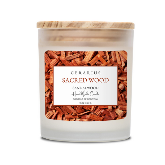 Candle with wooden shavings and a label on a white background