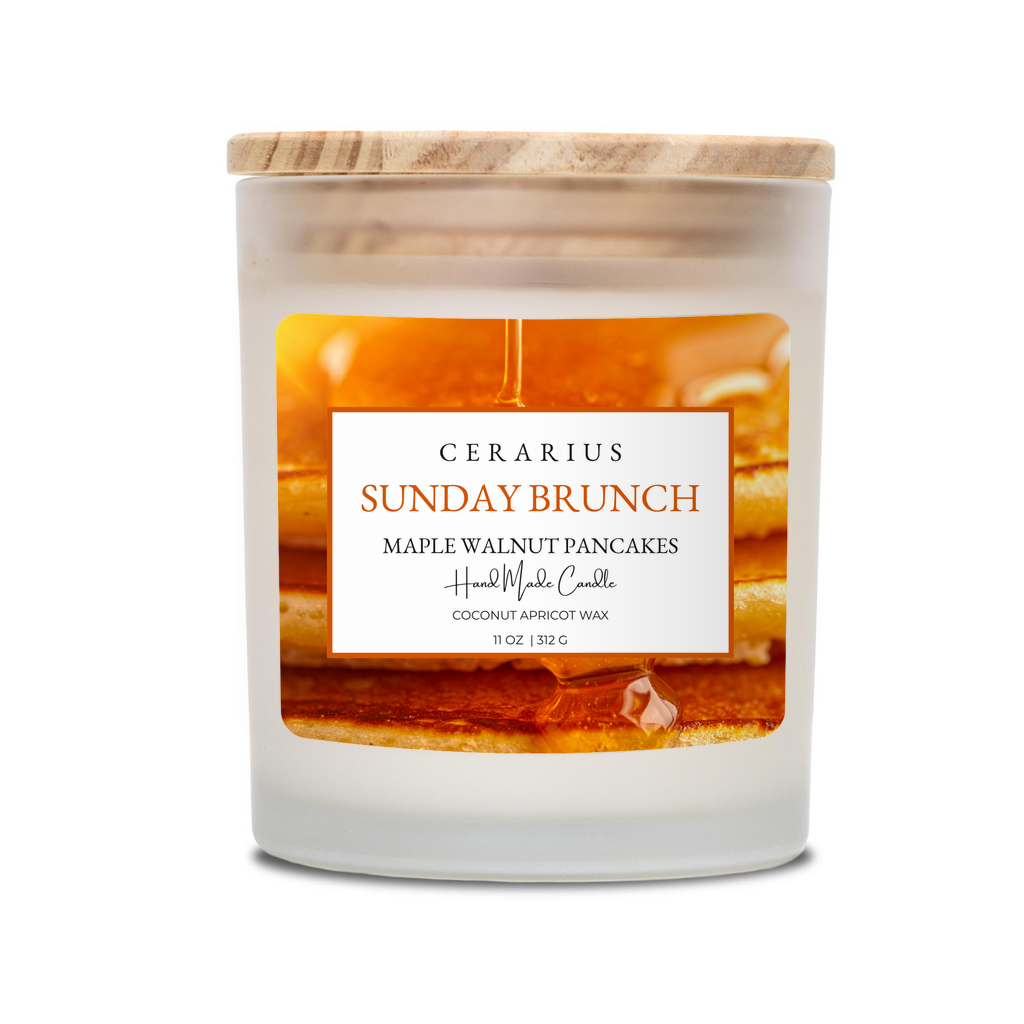 Cerarius candle labeled 'Sunday Brunch' with a wooden lid on a white background