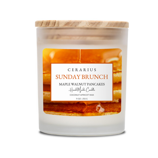 Cerarius candle labeled 'Sunday Brunch' with a wooden lid on a white background