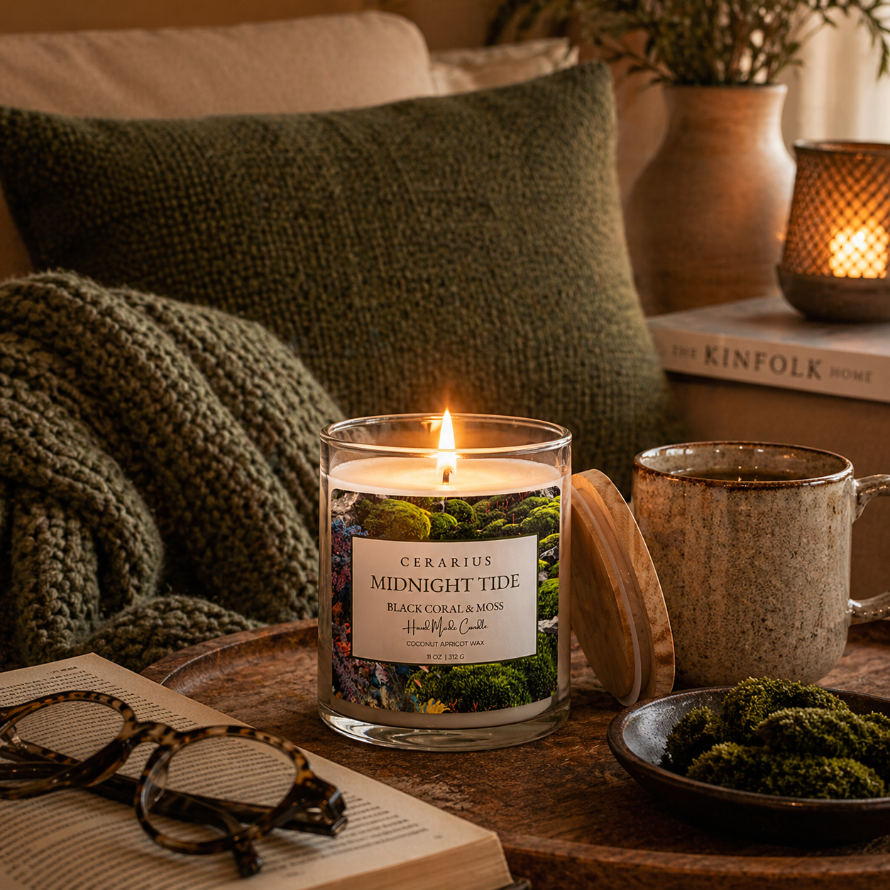 Midnight Tide Black Coral Moss Candle | Coconut Apricot Wax | Cerarius