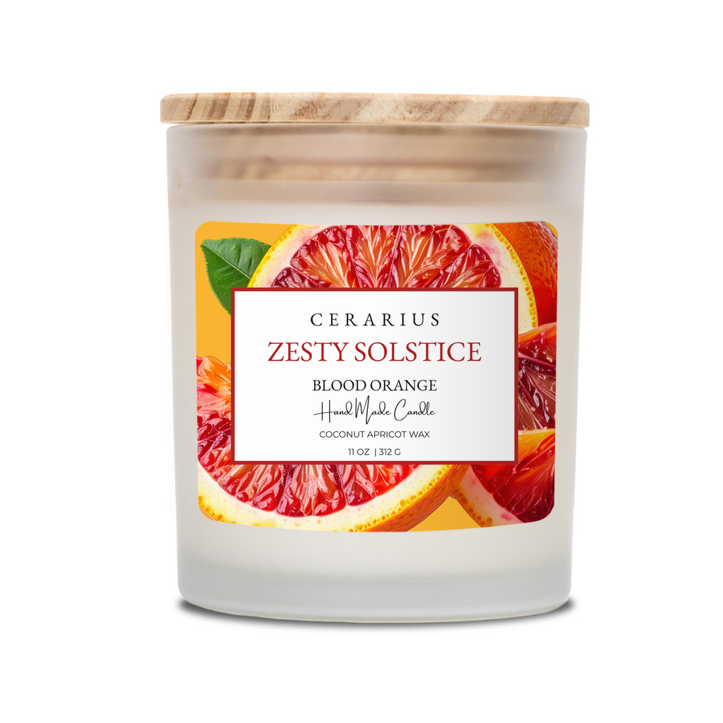 Candle with a blood orange label on a white background