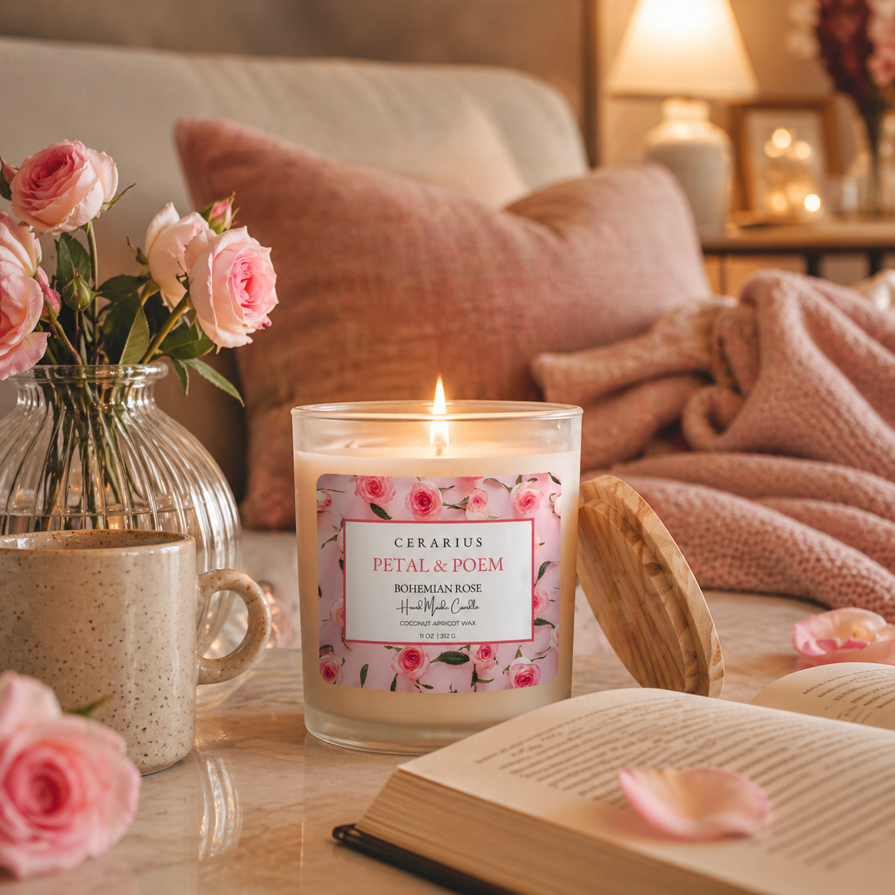 Petal & Poem Bohemian Rose Candle | Coconut Apricot Wax | Cerarius
