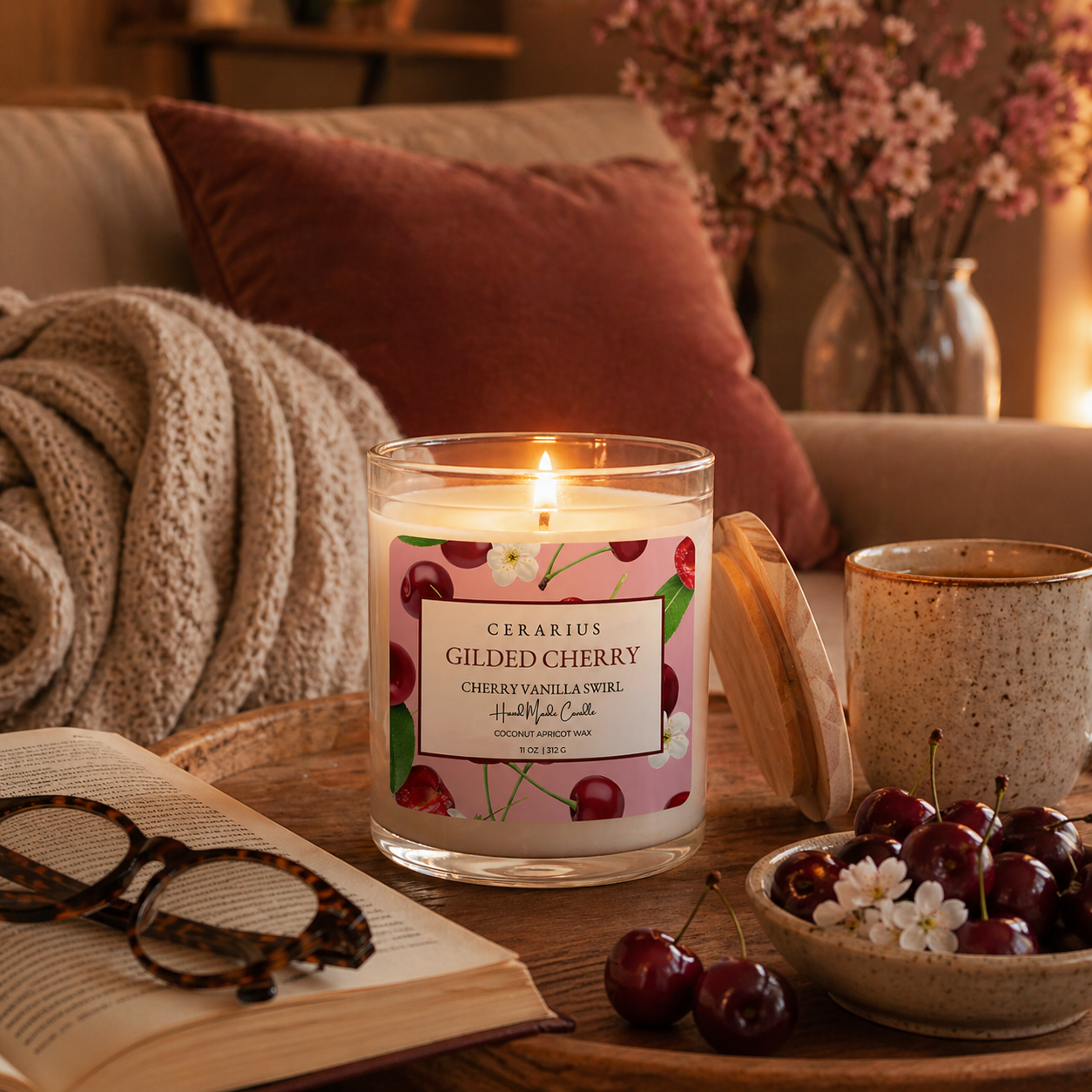 Gilded Cherry Vanilla Swirl Candle | Coconut Apricot Wax | Cerarius