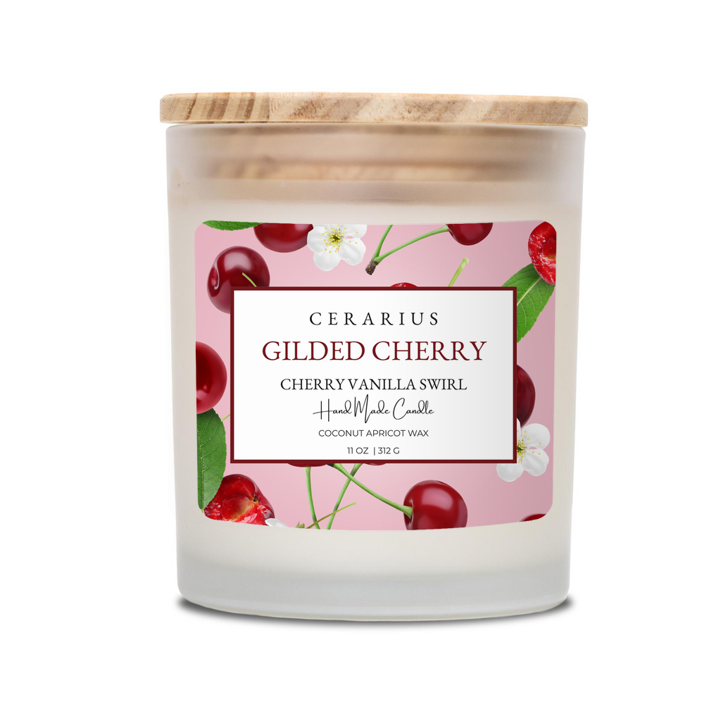 Candle with cherry design and wooden lid on a white background