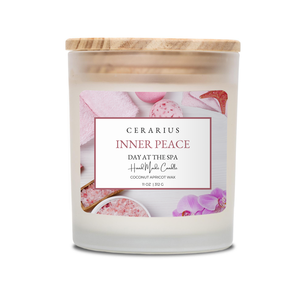 Cerarius Inner Peace candle with a wooden lid on a white background