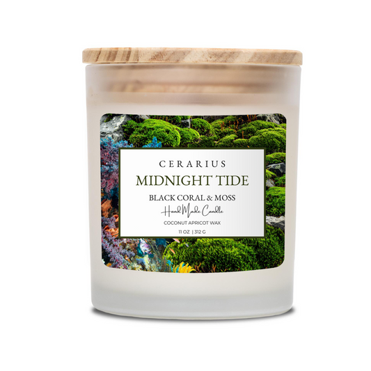 Cerarius Midnight Tide candle with a wooden lid on a white background