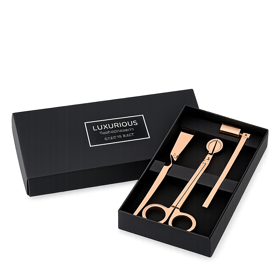 Rose gold scissors and spoon set in a black box with 'Luxurious' branding on a white background