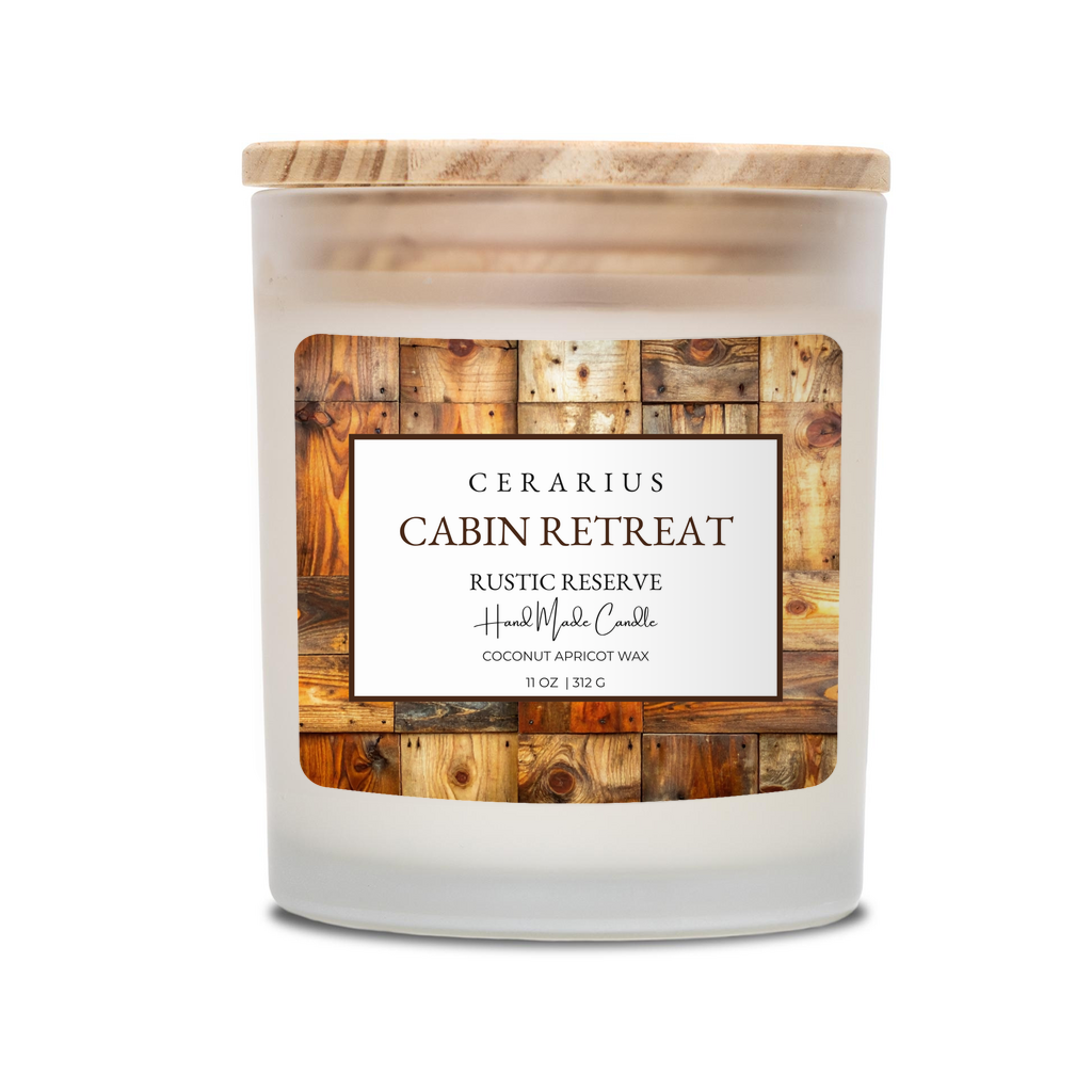 Candle with wooden lid and label on a white background