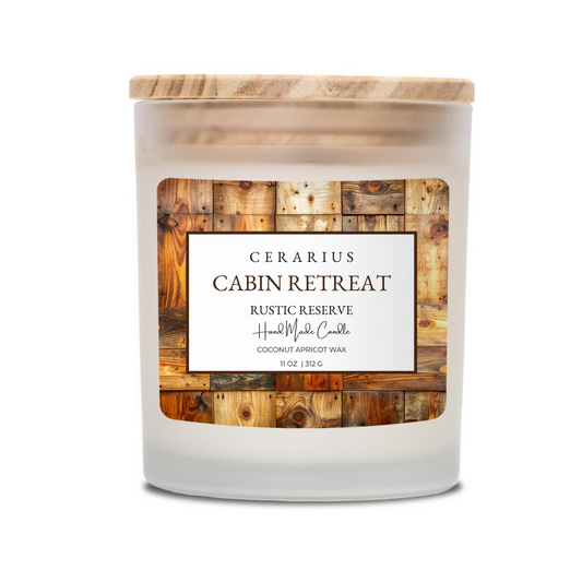 Candle with wooden lid and label on a white background