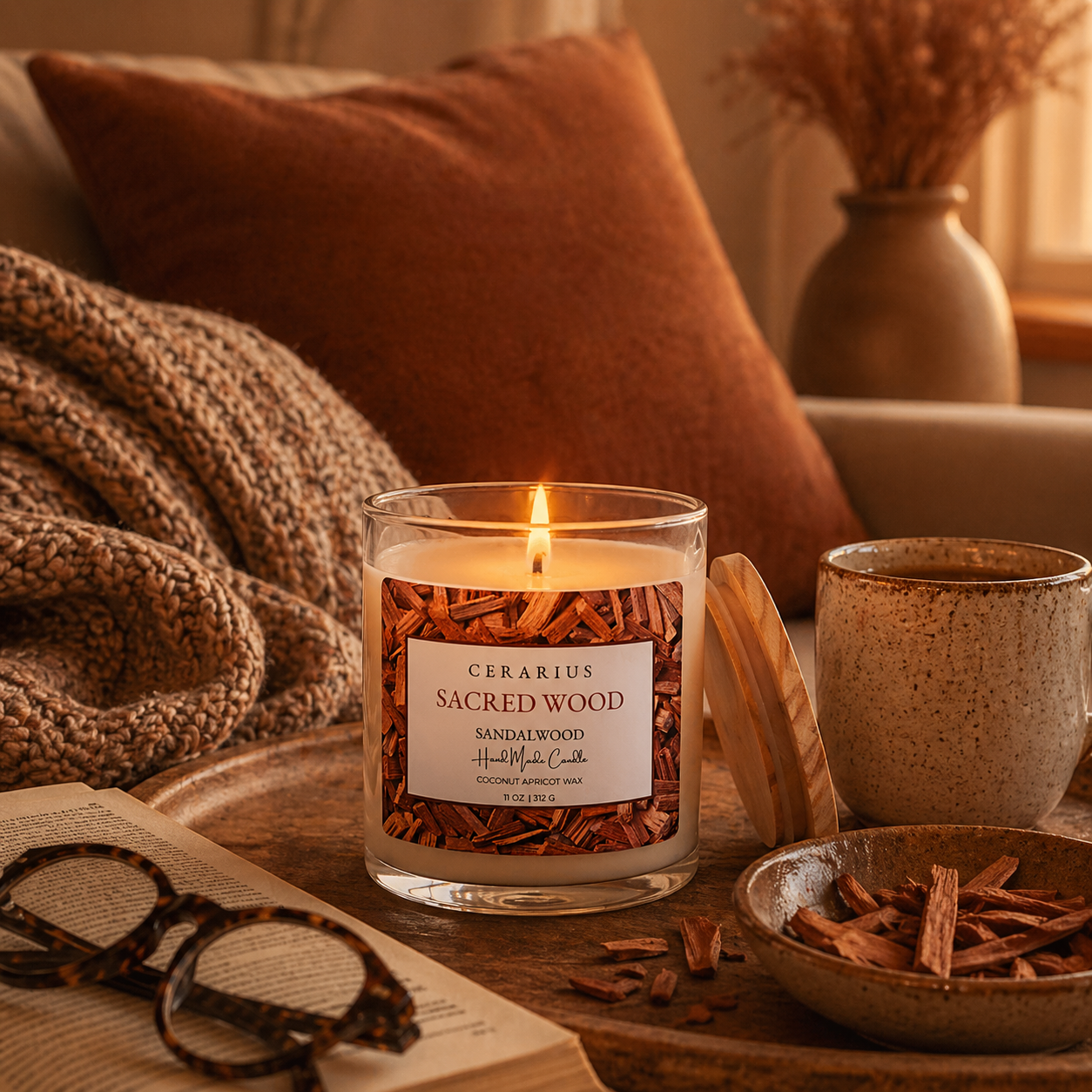 Sacred Wood Sandalwood Candle | Coconut Apricot Wax | Cerarius